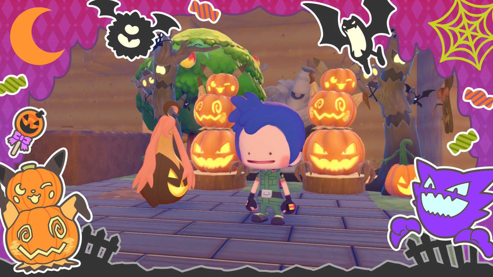 A Pokémon Pokopia screenshot showing the Trick or Treat photo frame