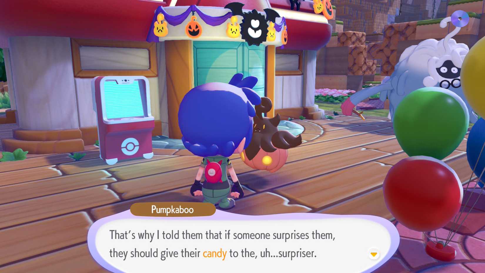 A Pokémon Pokopia screenshot showing Ditto talking to Pumpkaboo