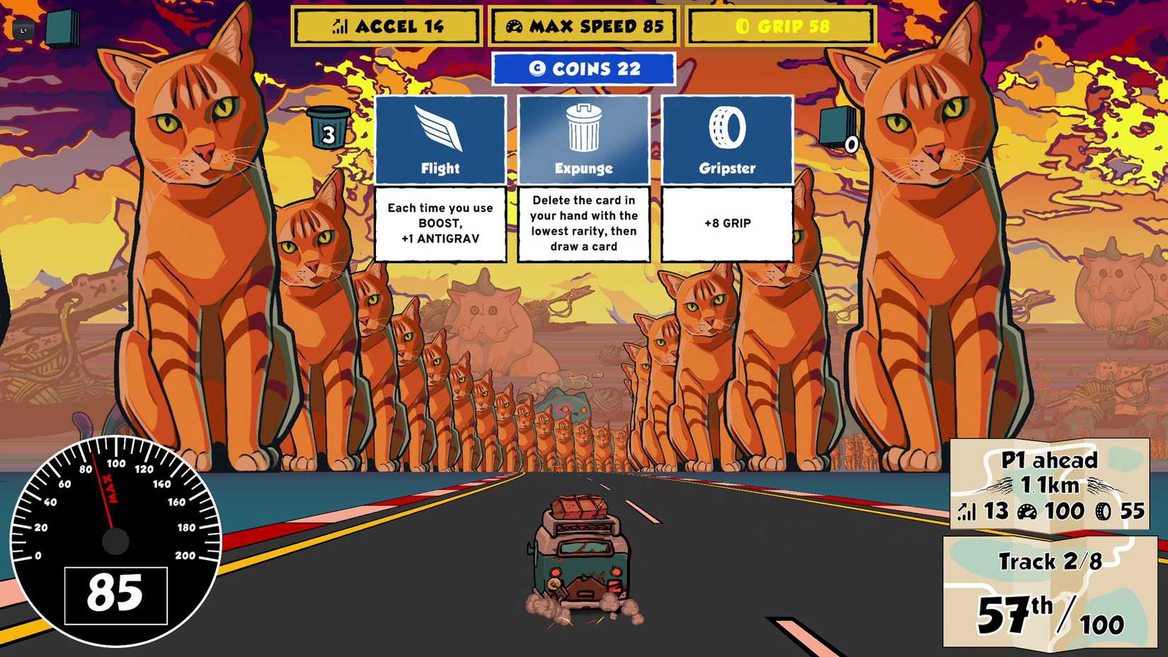 A camping bus drives along a road bordered by giant cats with a choice of bonuses above