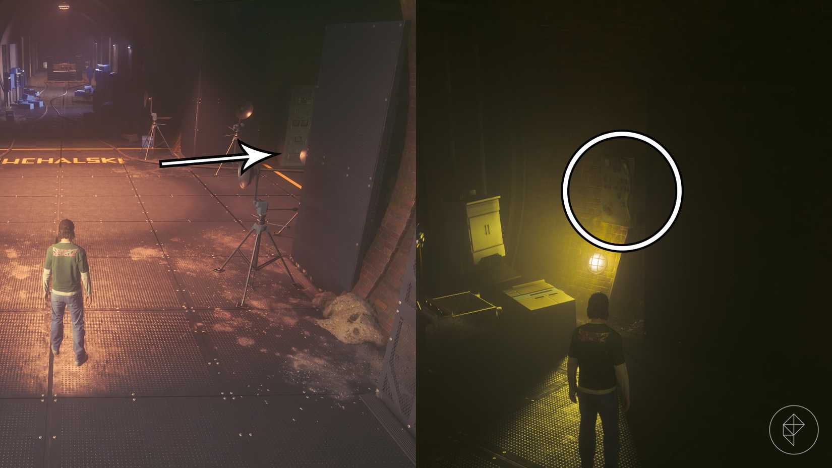 Dylan standing at an intersection with an arrow pointing to the right path and standing in front of a power box in Control Resonant.