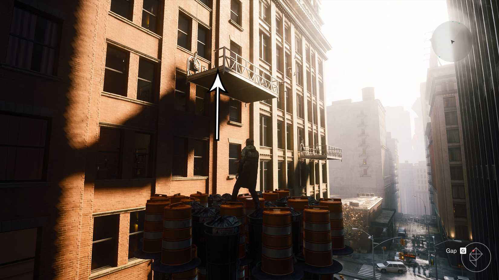 Dylan looking at a suspended scaffolding platform while standing on a floating pile of traffic cones in Control Resonant.