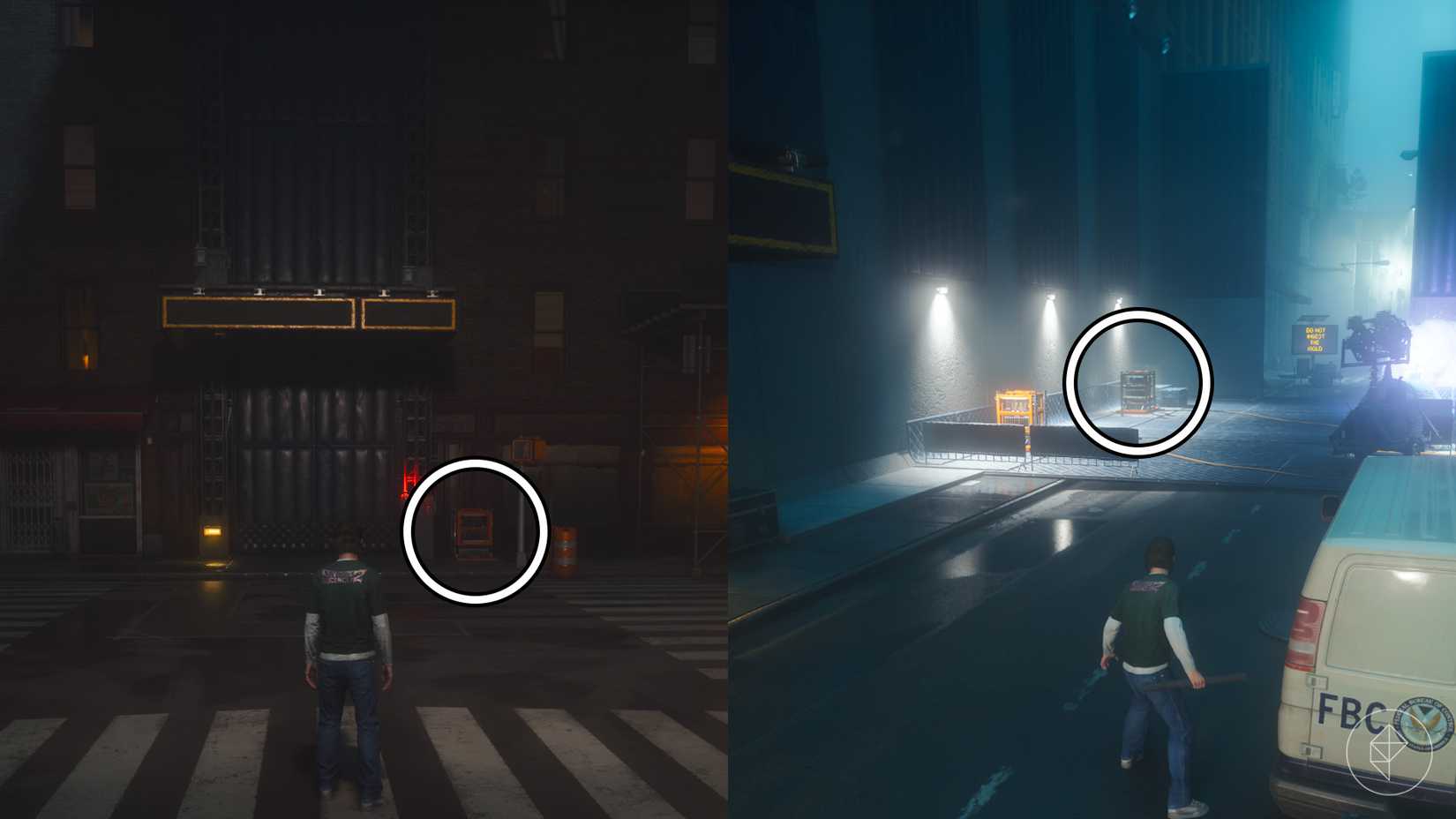 Dylan standing on a street with an elevator and orange cubes in Control Resonant.