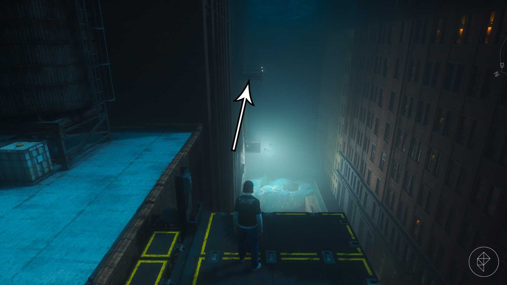 Dylan standing on a metal platform looking toward a suspended platform in Control Resonant.