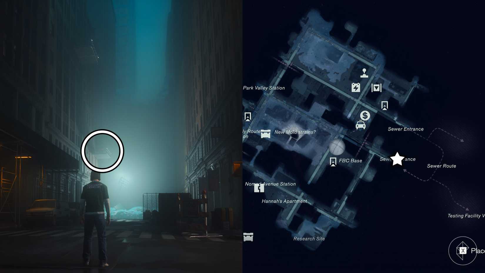 Dylan standing on a street with a window scaffolding circled, along with its location marked on a map in Control Resonant.