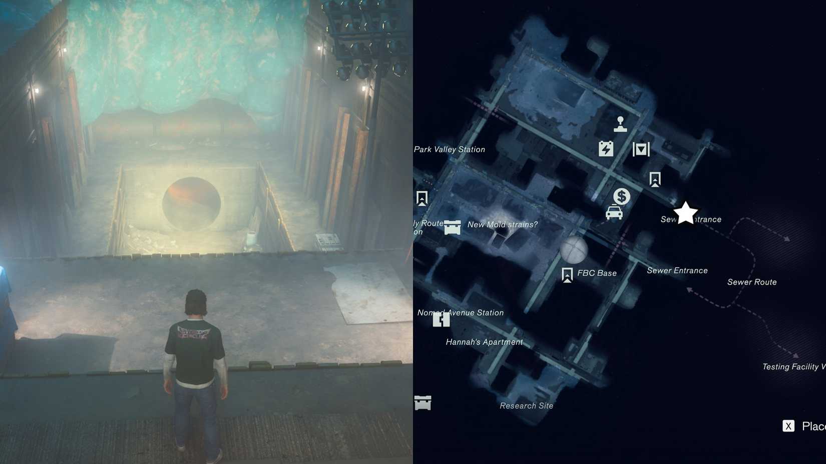 Dylan standing in front of a sewer entrance in The Park in Control Resonant.