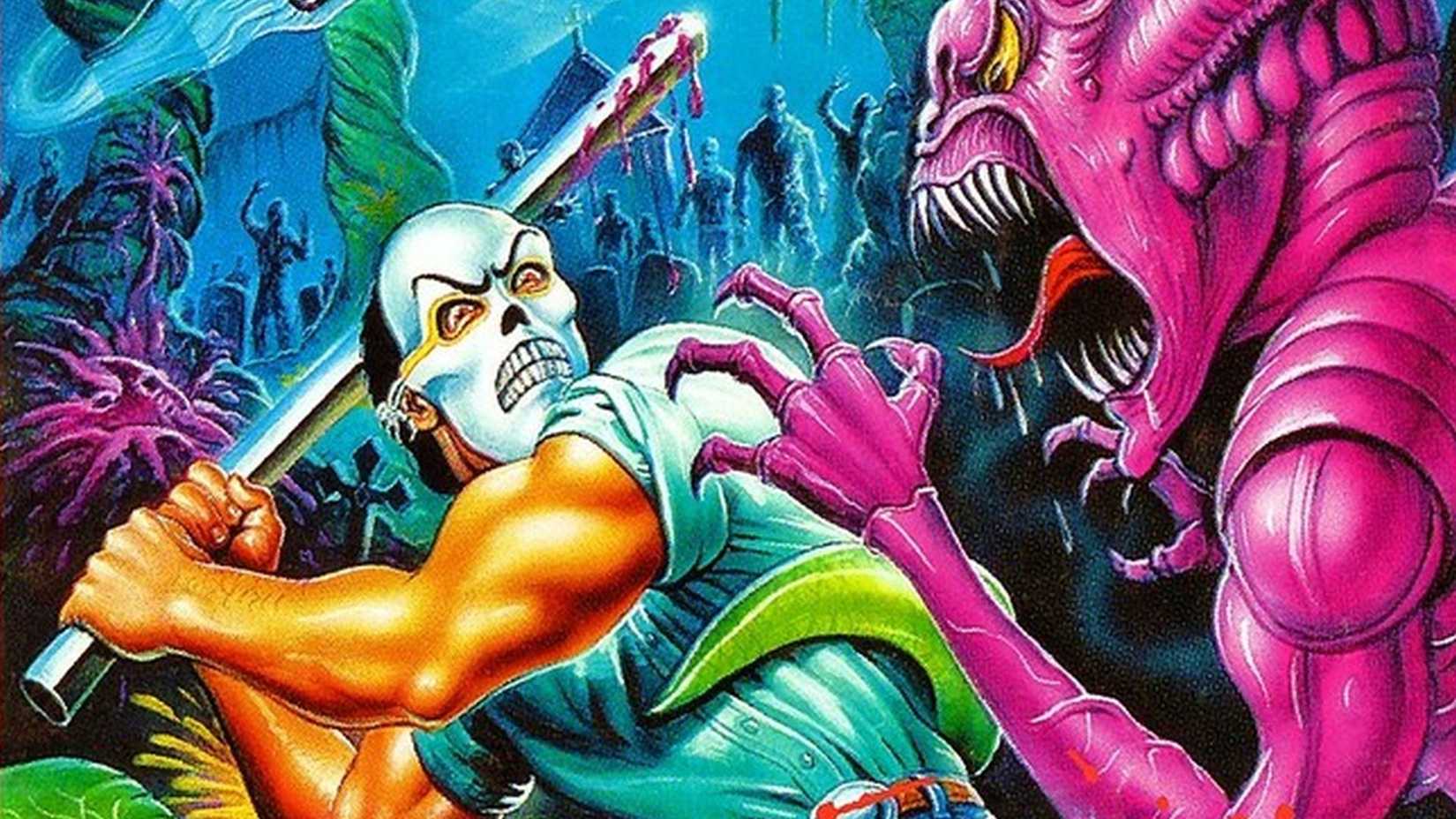 Splatterhouse 2 cropped artwork shows a masked hero wielding a pipe as he faces a purple monster.