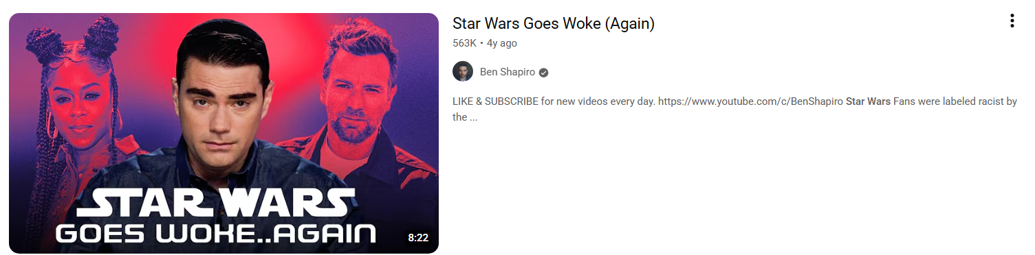 A screenshot of a YouTube video from Ben Shapiro criticizing Star Wars