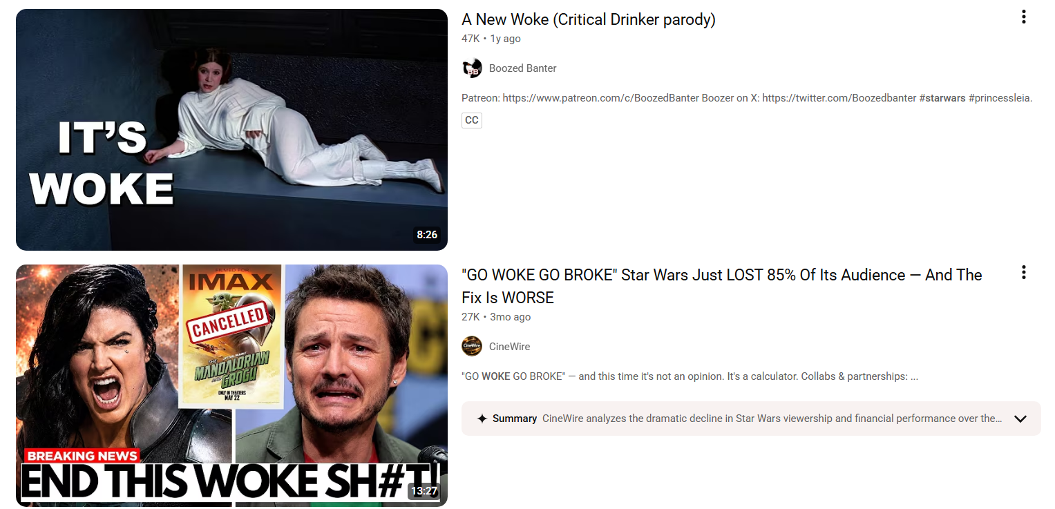 A screenshot of Star Wars monetized hate content on YouTube