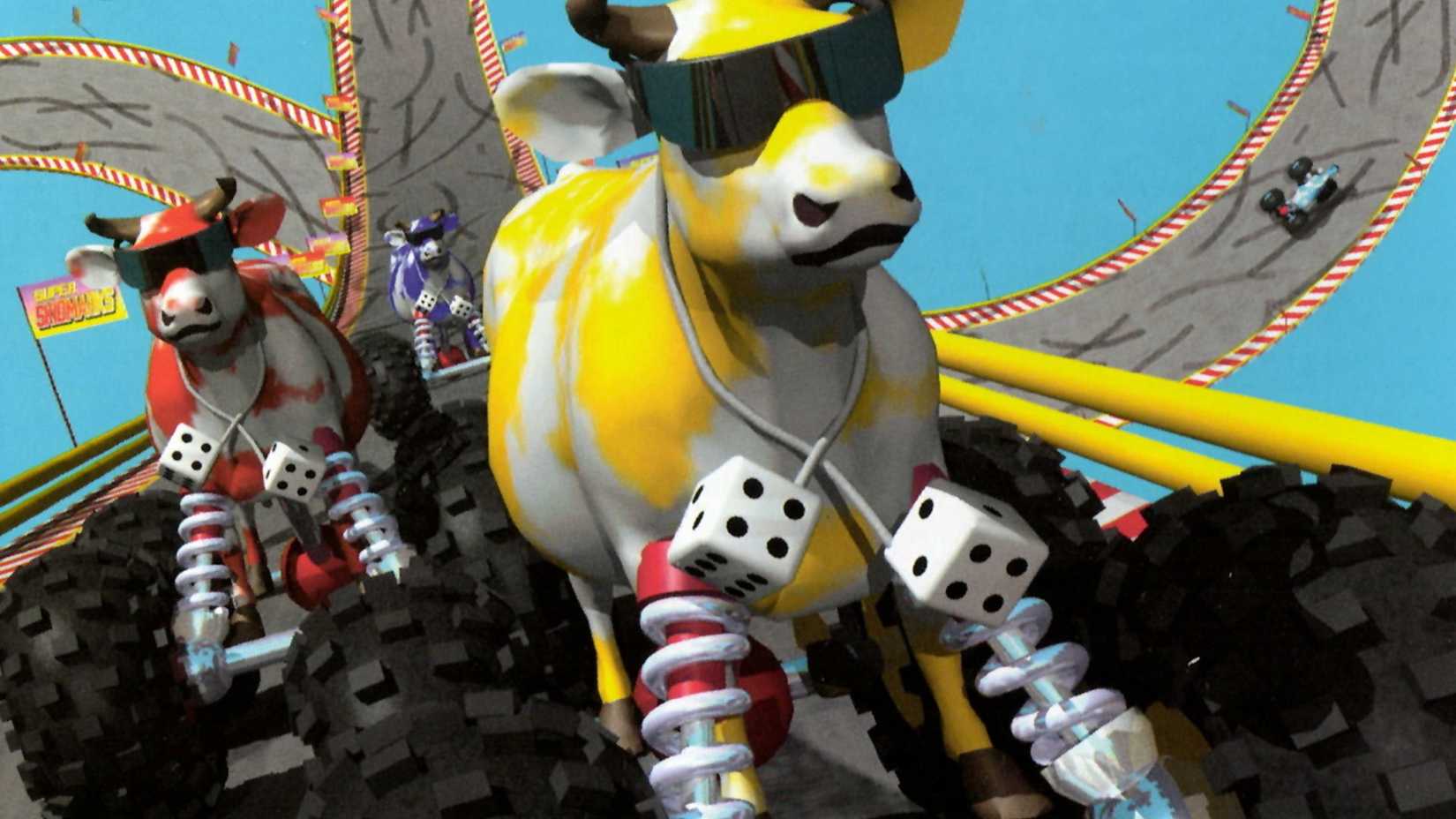 Super Skidmarks cropped cover art shows cows attached to oversized off-road wheels and suspension racing along looping tracks