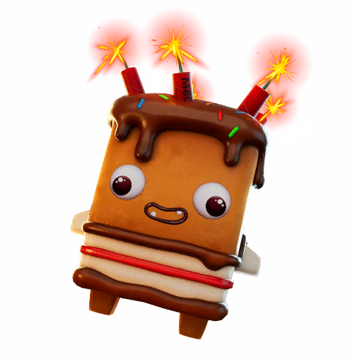 A chocolate birthday cake sprite with candles on top in Fortnite