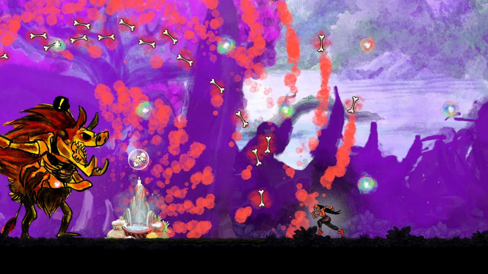 A character fights a boss who throws bones in Talaka.