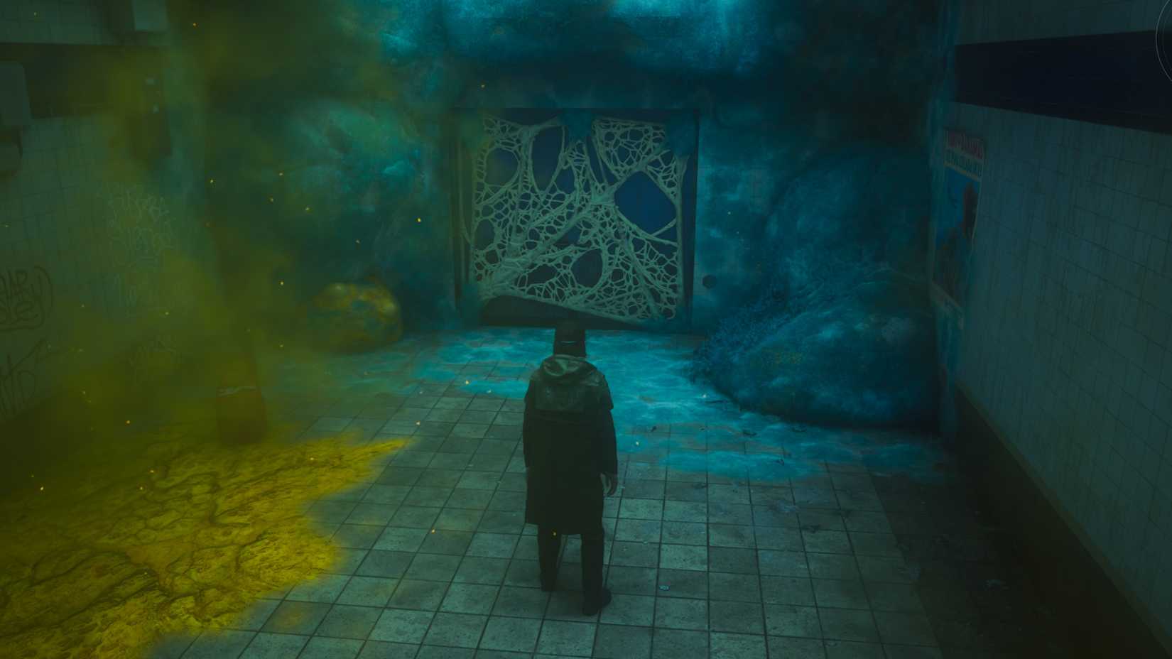 Dylan standing in front of a door covered in moldy webs in Control Resonant.