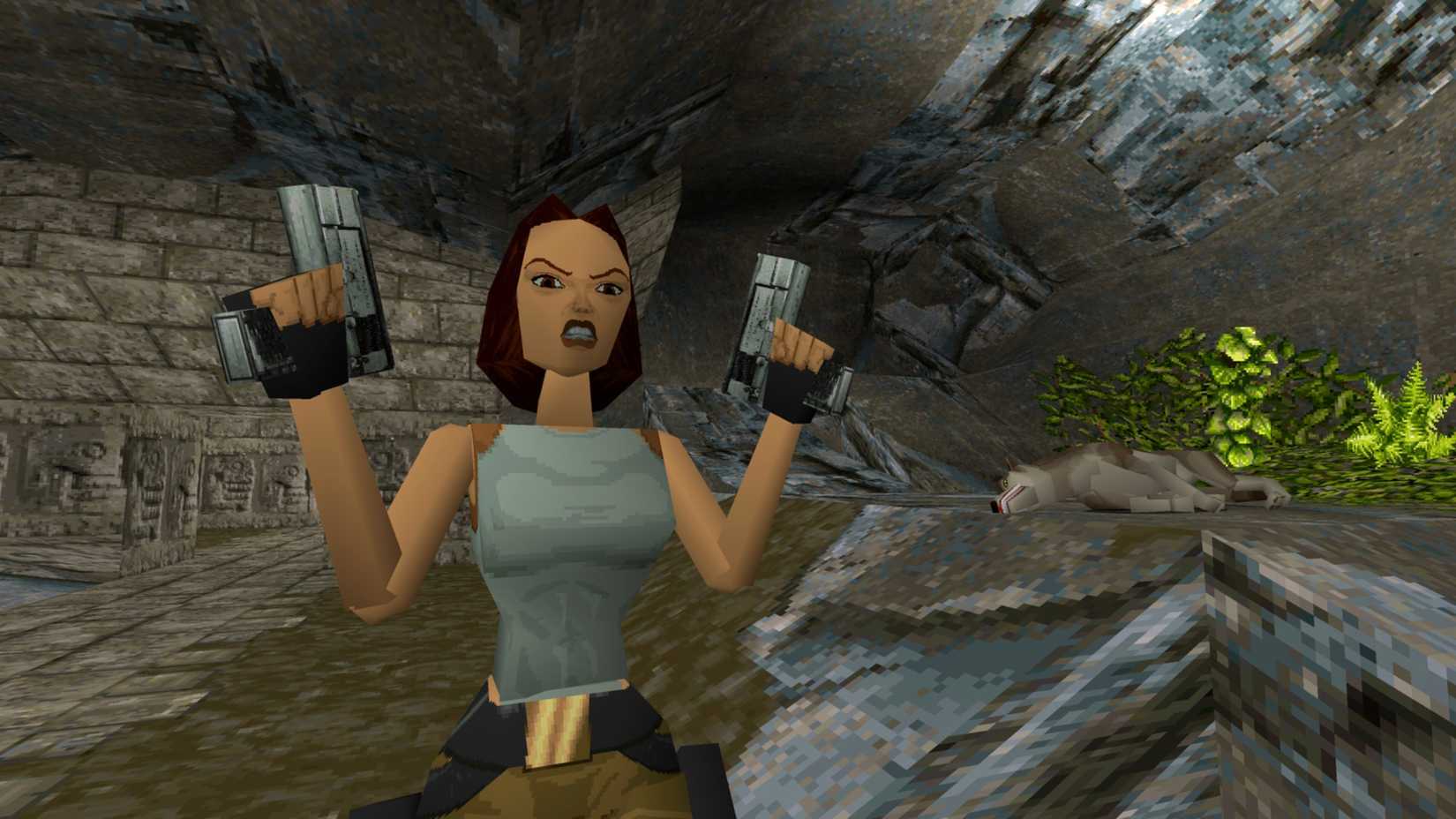 Lara Croft exploring a tomb in the original Tomb Raider