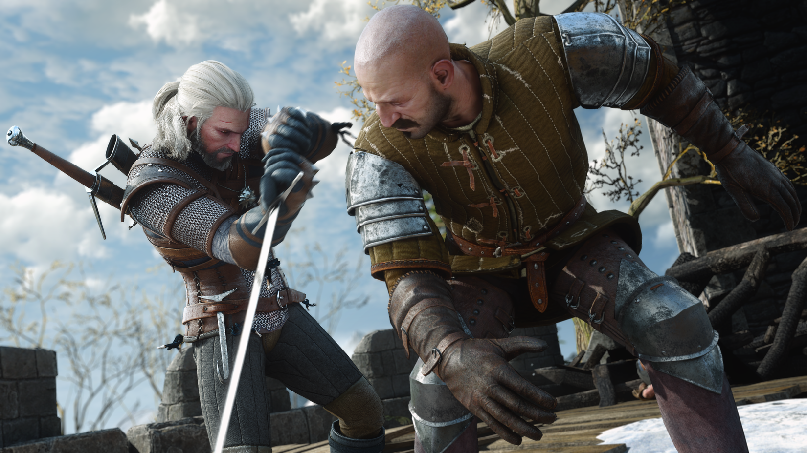 Geralt in sword combat with a soldier