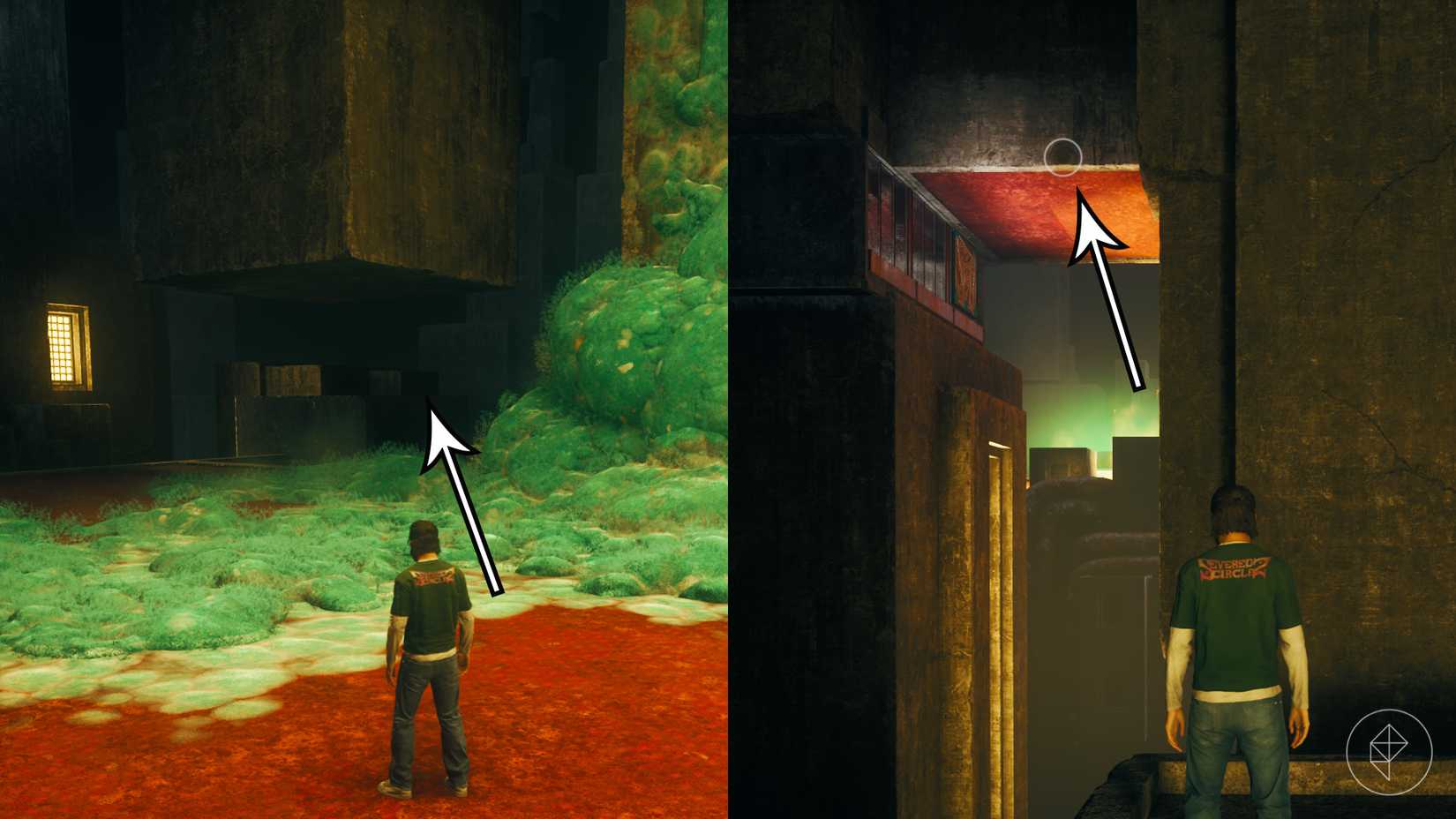 Dylan standing in a room covered in blue mold looking at a red carpeted ceiling in Control Resonant.