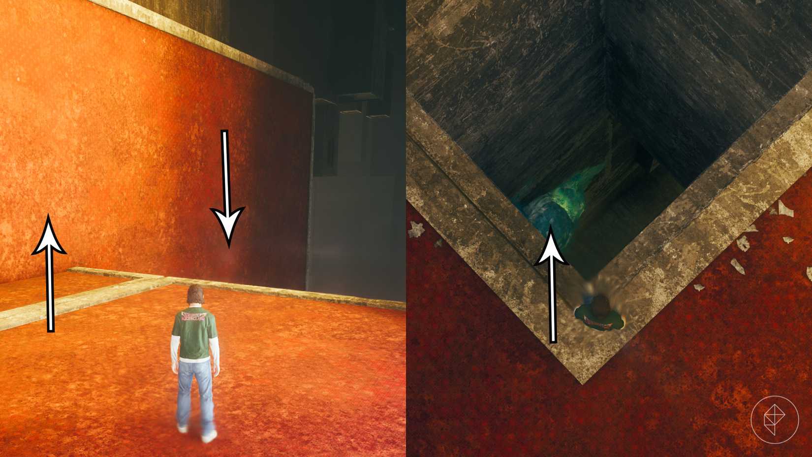 Dylan standing on a red carpeted ground looking toward a red wall and hole in Control Resonant.