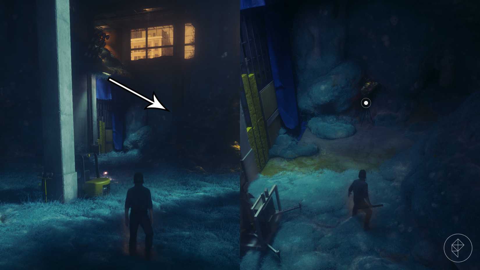 Dylan standing in a room full of blue mold that is hiding a camera in Control Resonant.