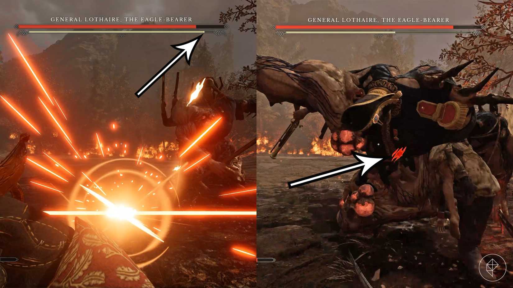 A player parries General Lothaire and performs a posture attack in Valor Mortis.