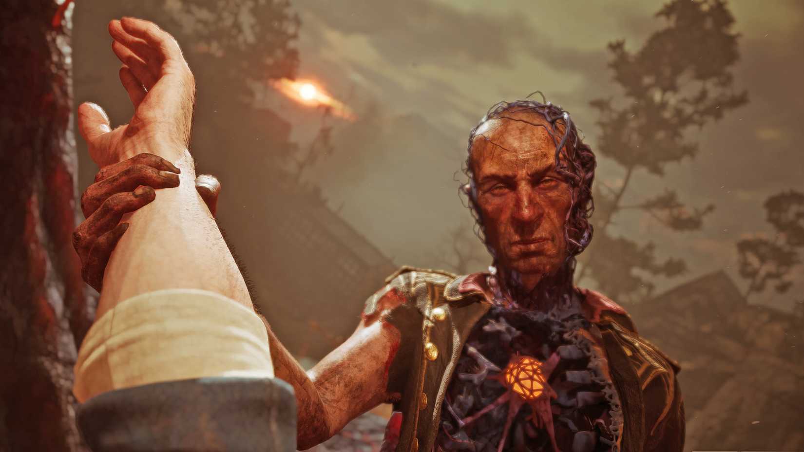 The player is grabbed by a mutated person in Valor Mortis.