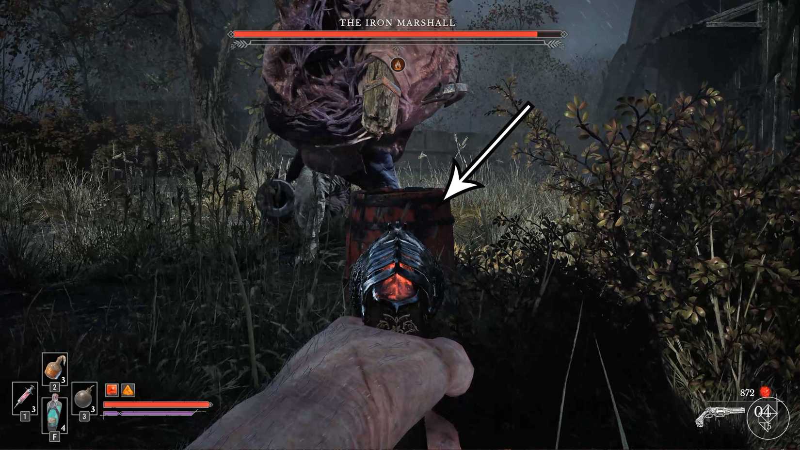 A player shoots a red barrel during The Iron Marshall boss battle in Valor Mortis.