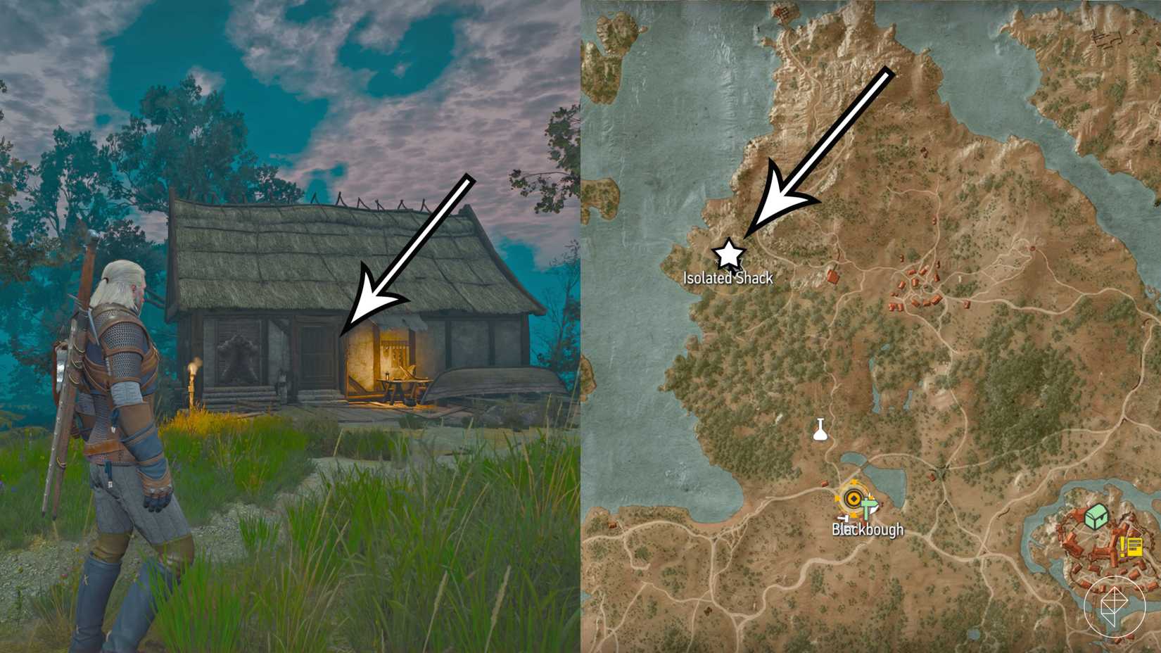The Isolated Shack and werewolf's lair in "Wild at Heart" quest in The Witcher 3: Wild Hunt.