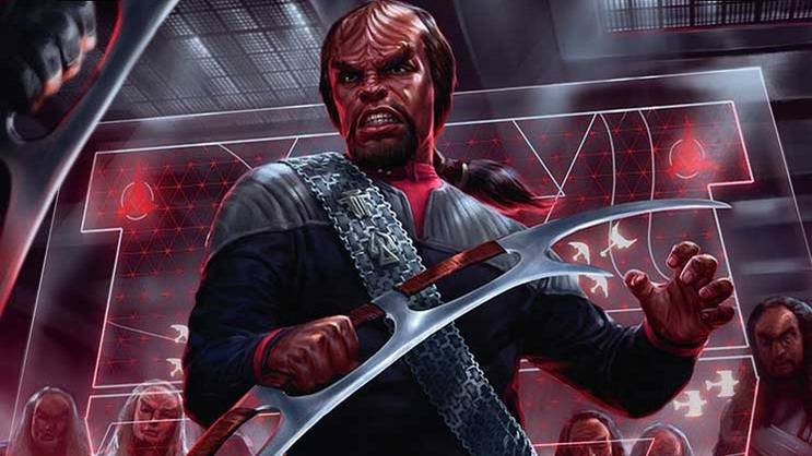Worf holds at bat'leth in art from Magic The Gathering Star Trek