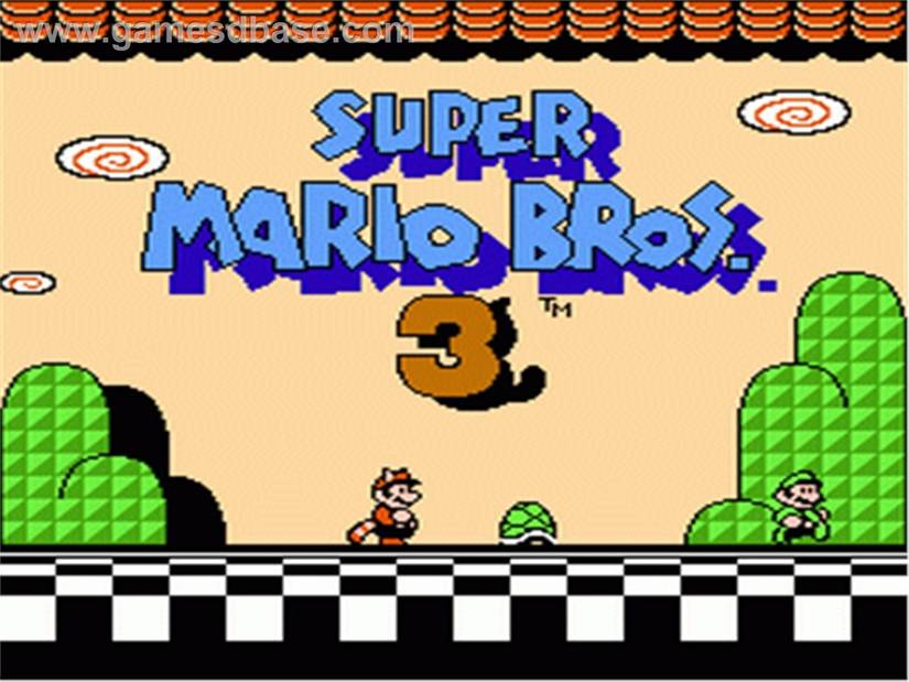 The opening screen for the game Super Mario Bros. 3. Mario is wearing a Tanuki suit and facing a green Koopa shell. Luigi (who, in pixel form, looks very Mario-esque) is running towards the right.