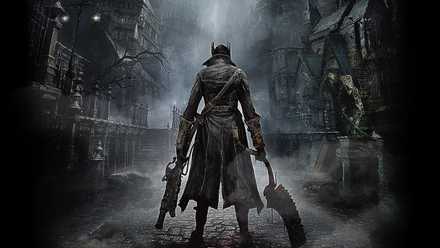 Key art from Bloodborne showing the hunter exploring a Gothic location with weapons in hand