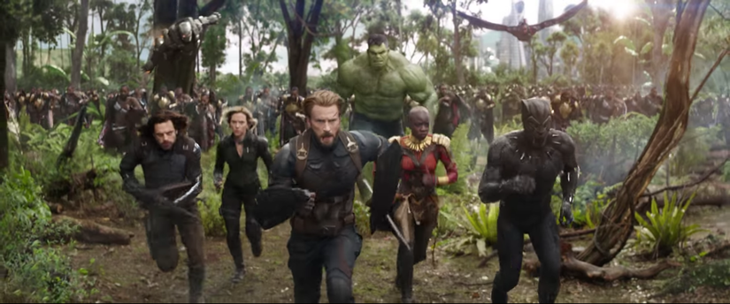 Left to right: Bucky, the Winter Soldier; War Machine, Black Widow, Captain America, the Hulk, Okoye, the Falcon and the Black Panther in Avengers: Infinity War. 