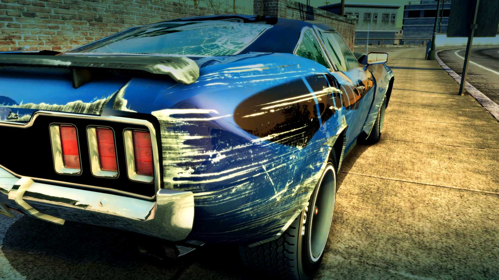 Burnout Paradise Remastered - close-up of scratches and damage to blue car