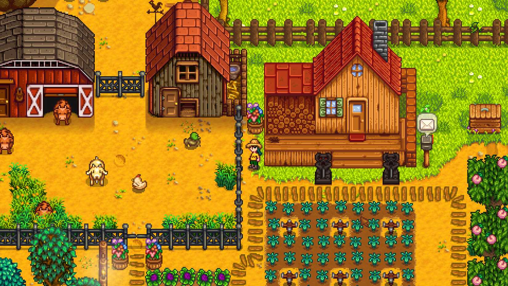 A typical scene from Stardew Valley, including a barn and coop area and a field of crops. A duck, chicken, and goat are outside in a fenced-in area.