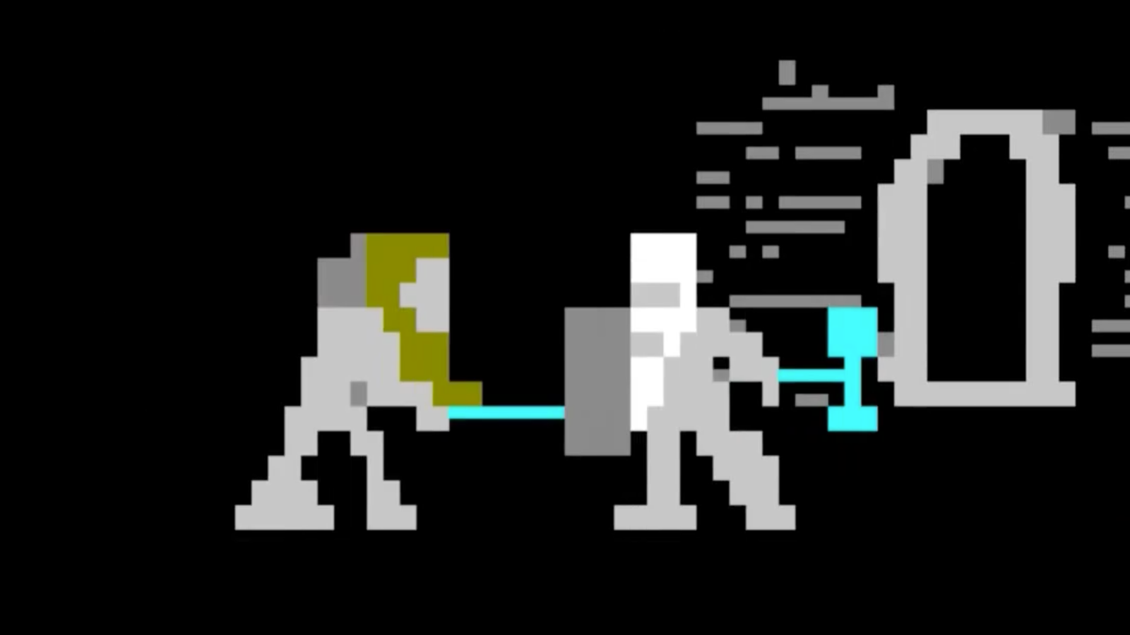Two low-resolution dwarves fighting inside a chamber in the introduction to Dwarf Fortress.