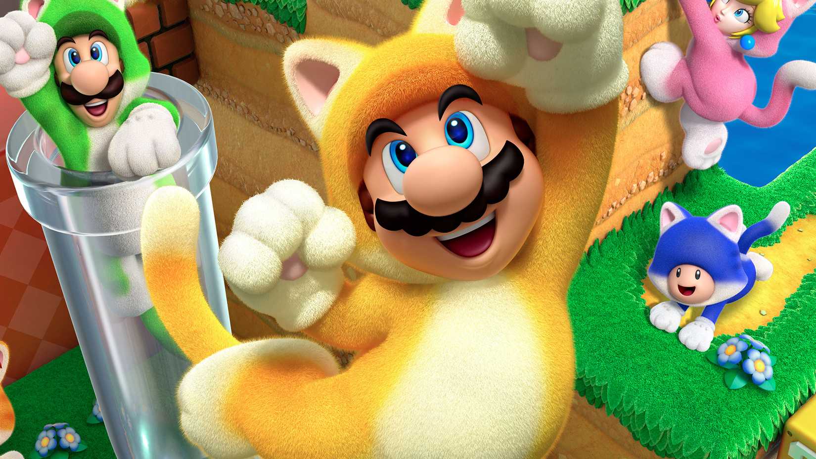 Mario wearing a cat suit jumps in key art for New Super Mario Bros