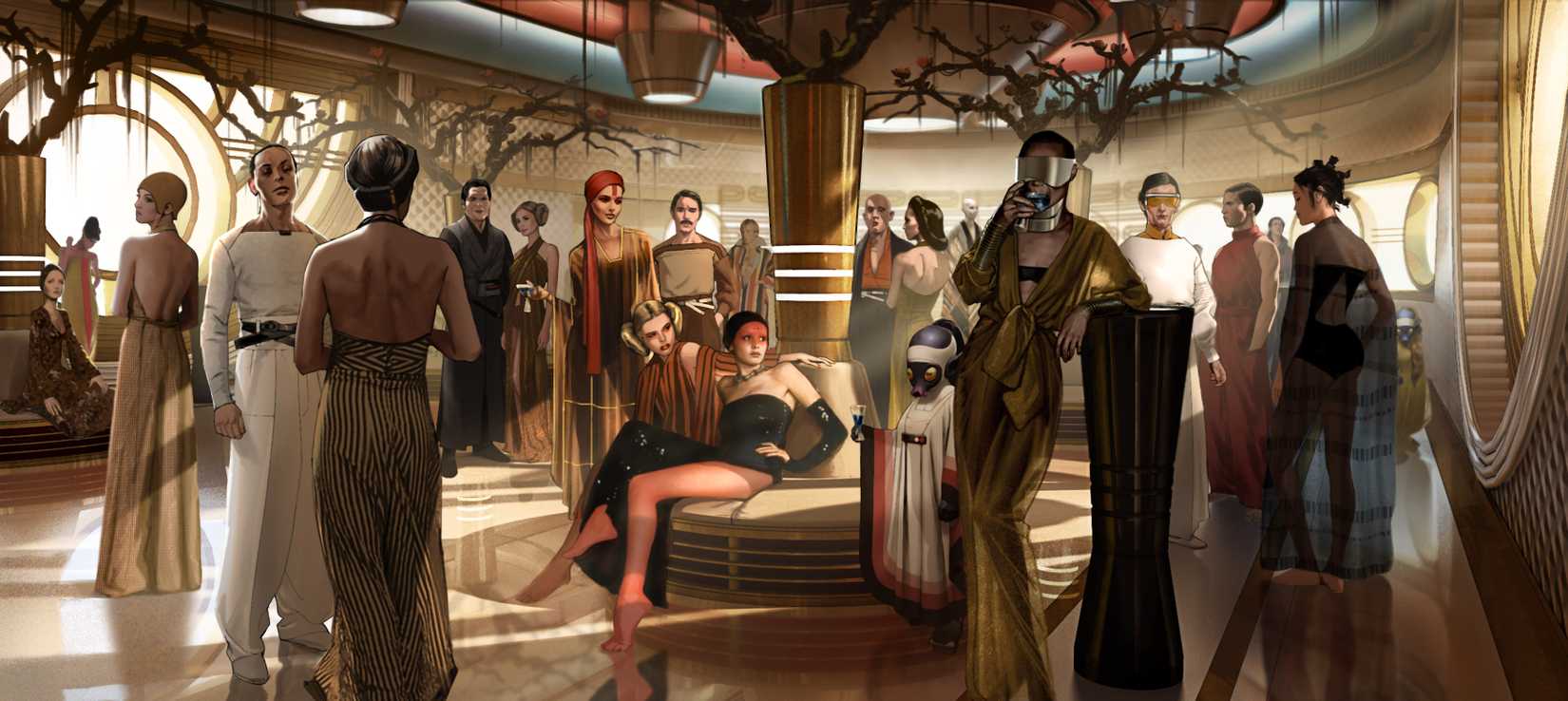 Concept art for Dryden’s party room, a set seen multiple times through the film.