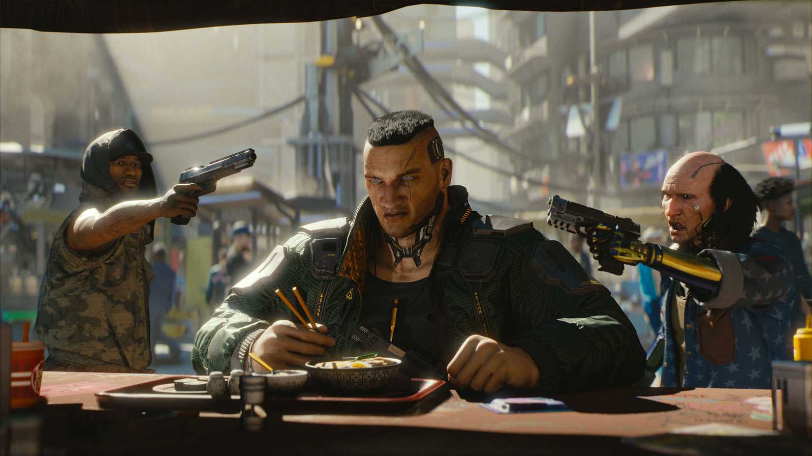 An augmented male form sits eating noodles at an outdoor stall. Two men, one with a yellow metal arm, stand behind him with guns drawn. Cyberpunk 2077, circa 2018.