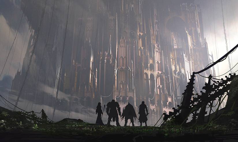 Babylon’s Fall - four characters in front of a giant tower
