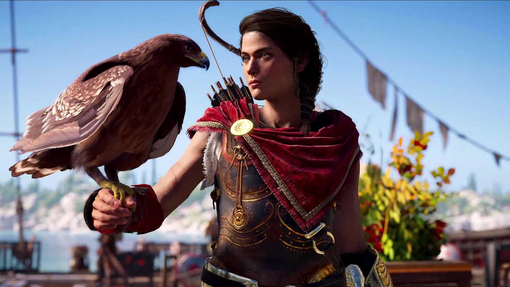 Kassandra, of Assassin’s Creed Odyssey, greets her eagle, who perches on a gauntlet on her right wrist.