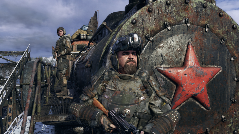 Metro Exodus - soldiers standing in front of a locomotive