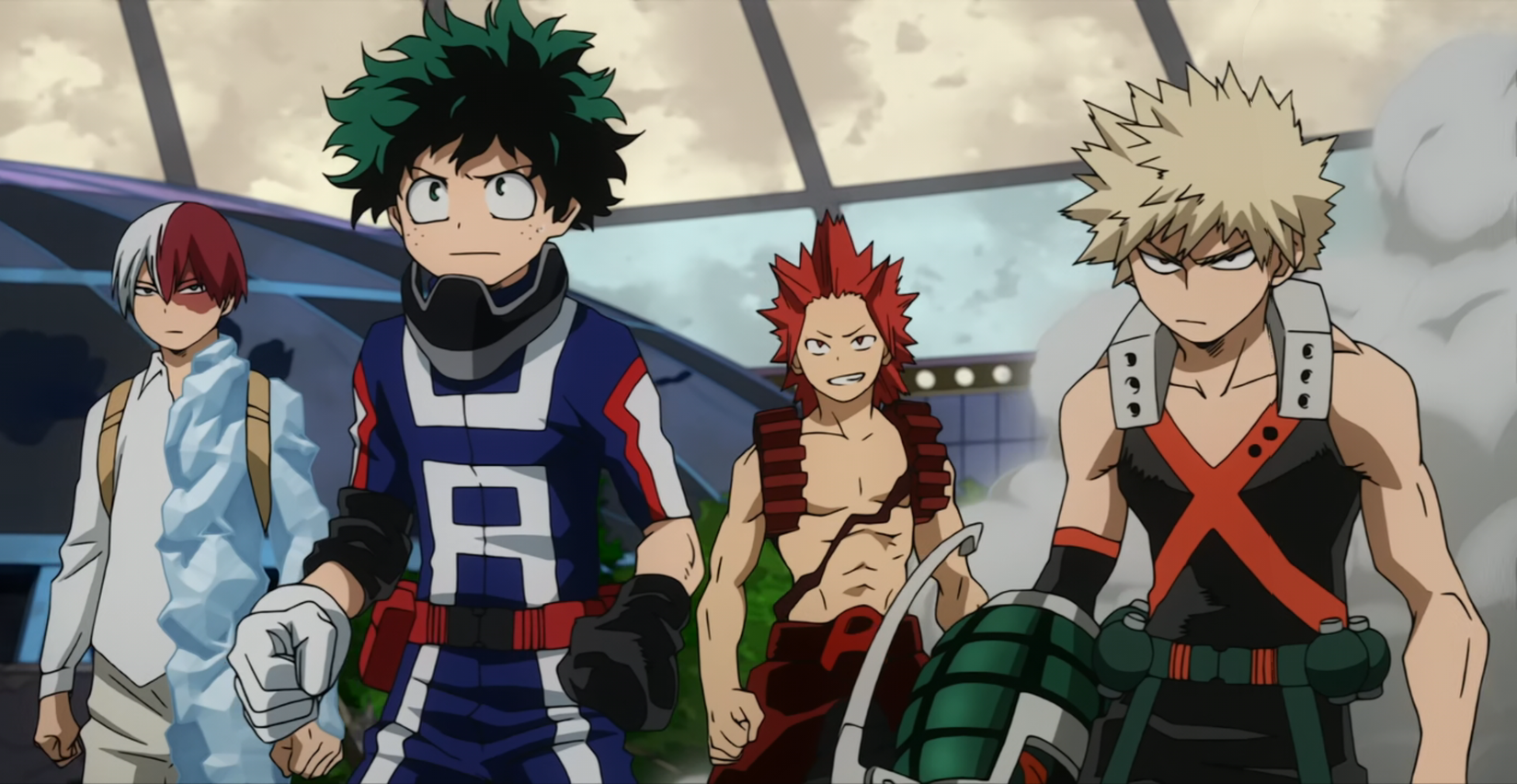 Left to right: Shoto Todoroki, Izuku Midoriya, Eijiro Kirishima and Katsuki Bakugo in the first season of My Hero Academia.