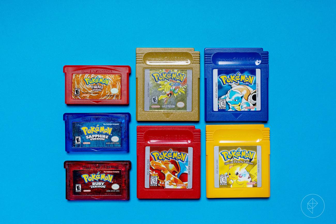 A collection of classic Pokemon cartridges for Game Boy and Game Boy Advance