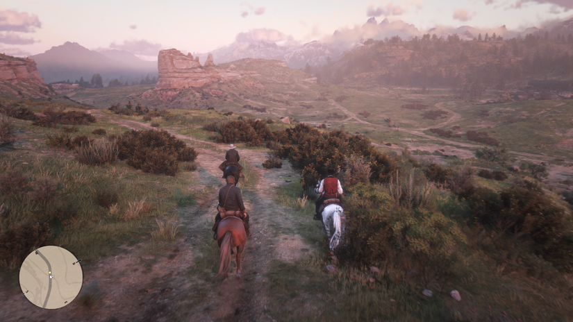 Red Dead Redemption 2 - Micah, Arthur and Dutch riding toward Twin Stacks at golden hour