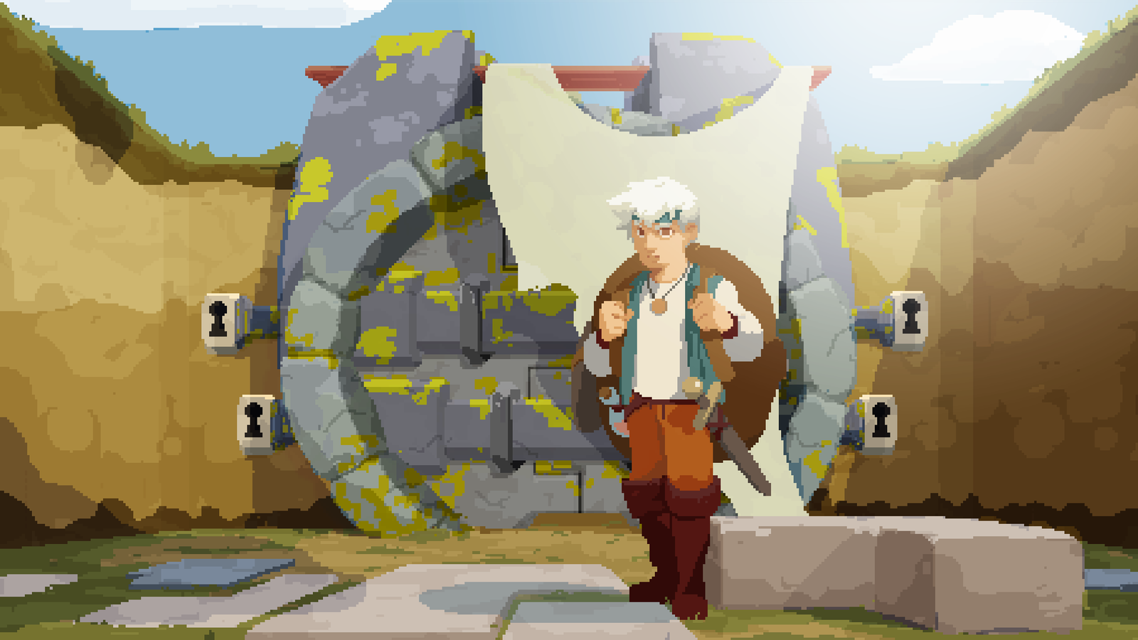 Moonlighter - guy standing in front of door with four locks