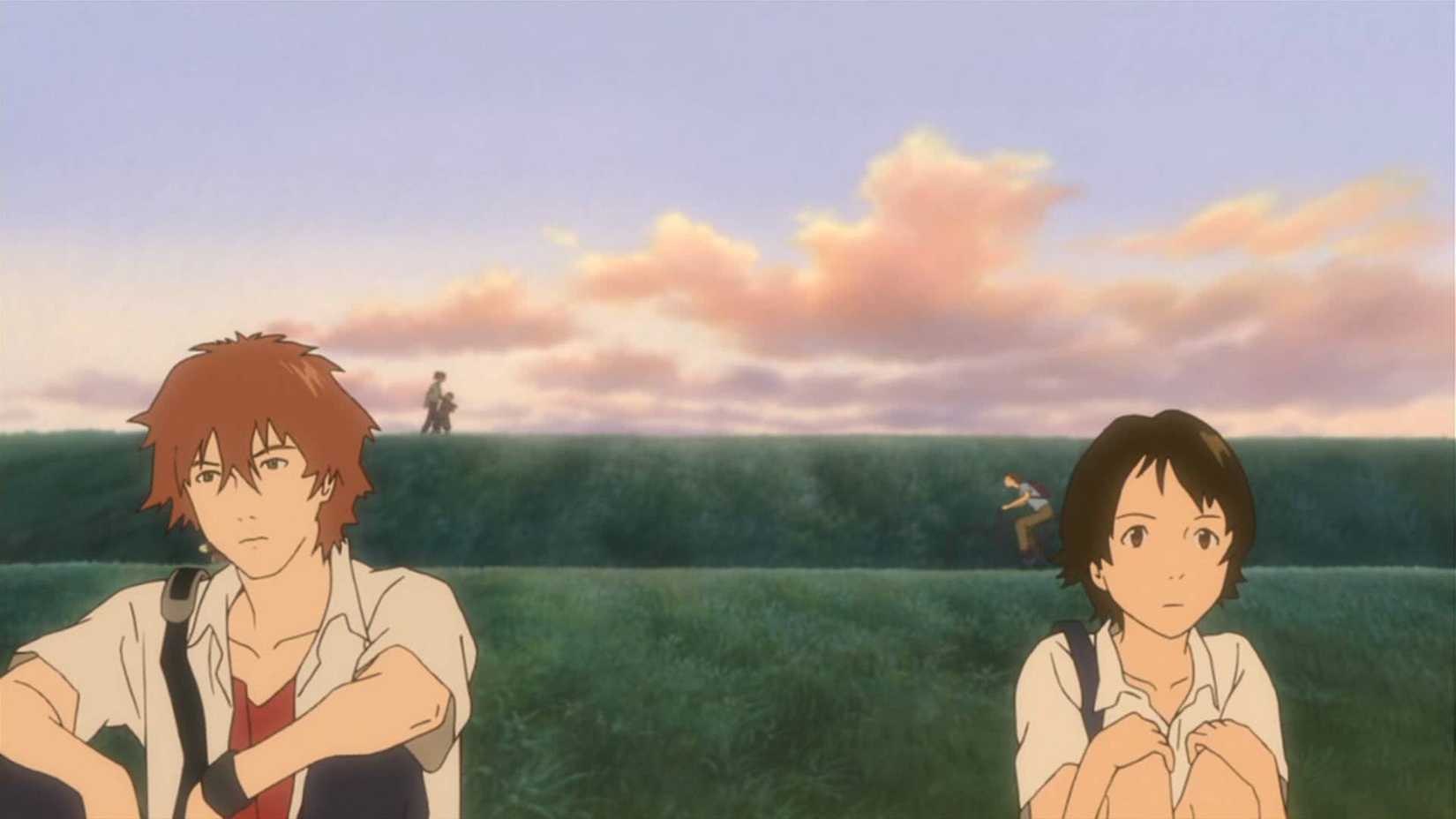 Two young adults sit next to each other with some distance between them in The Girl Who Leapt Through Time