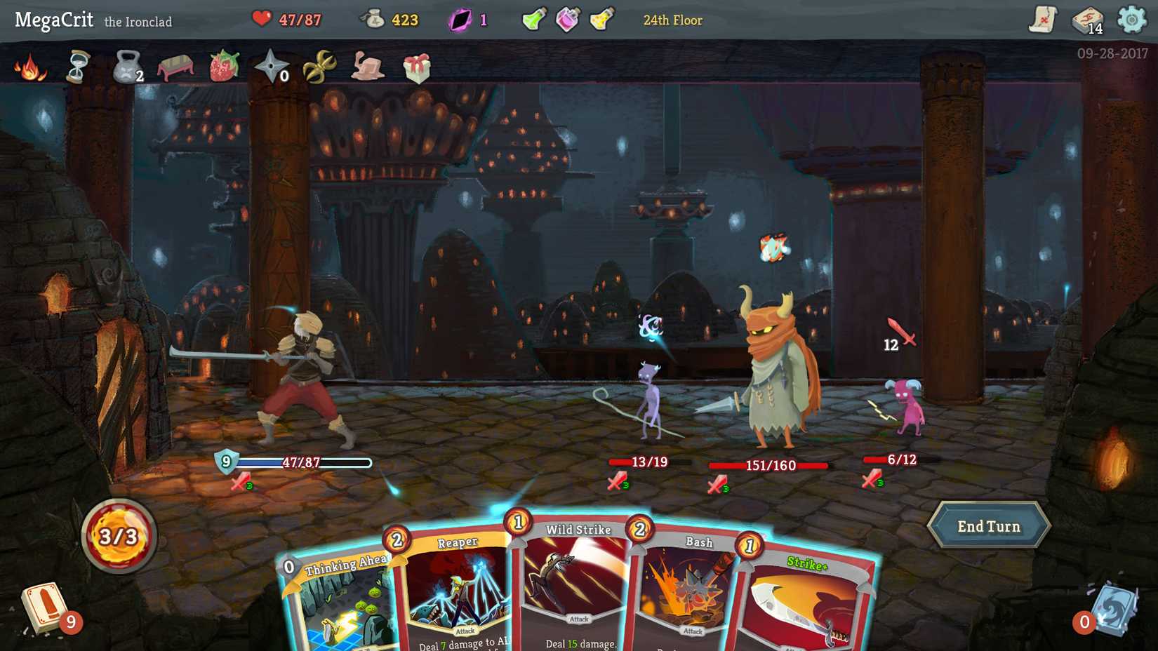 An adventurer faces off against three different enemies in an early dungeon in Slay the Spire. A hand of cards is fanned out in the foreground, with life bars overhead.
