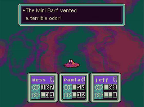 A battle against Mini Barfs in EarthBound