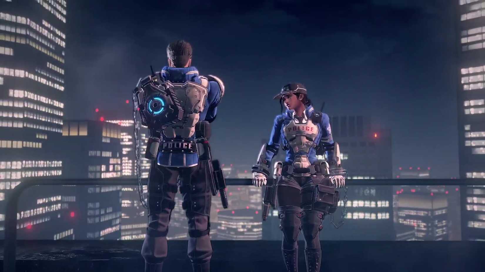 Astral Chain - two cops standing on the roof of a high-rise building in a city