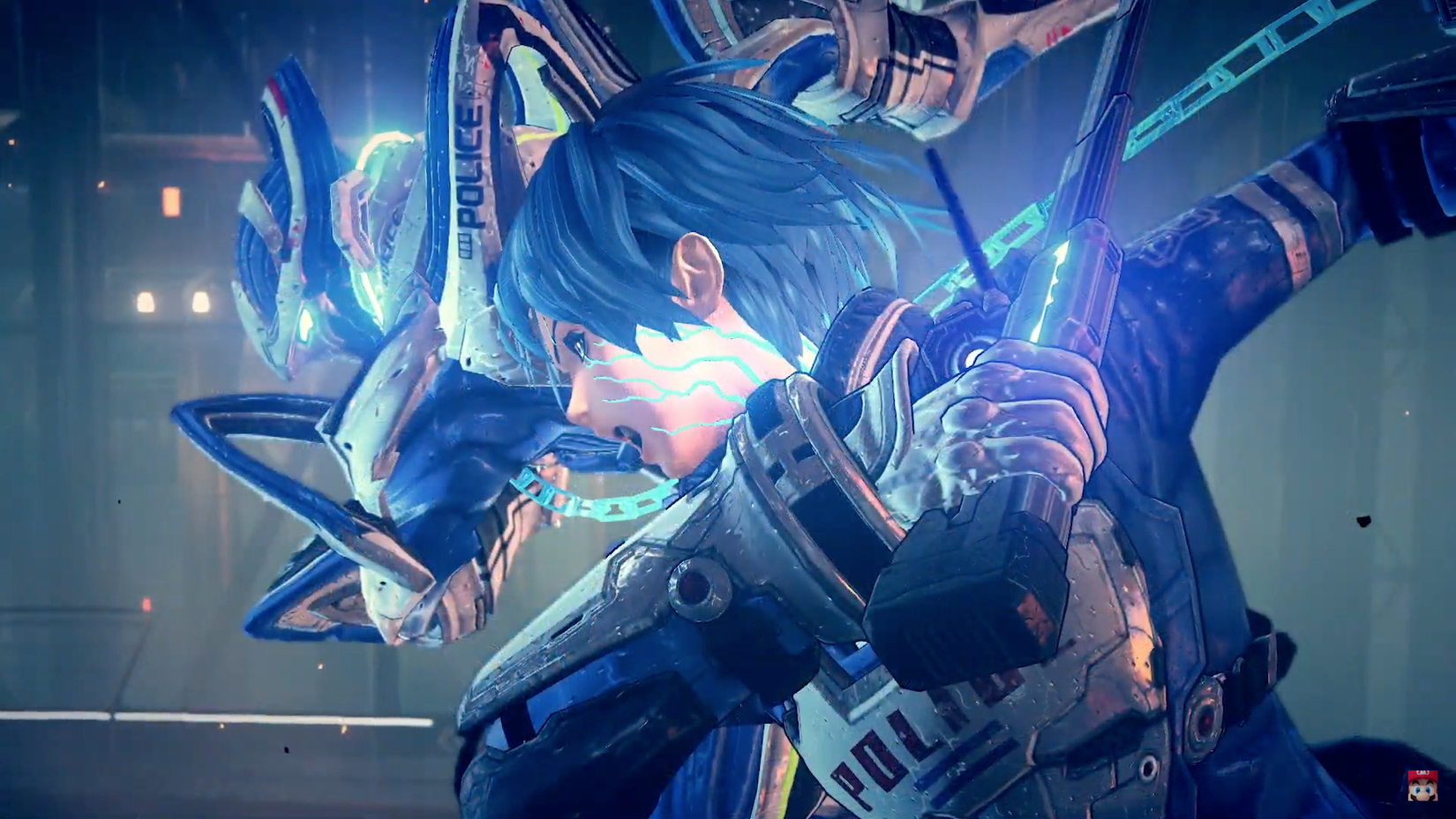 a futuristic police officer poses in front of a robot in Astral Chain