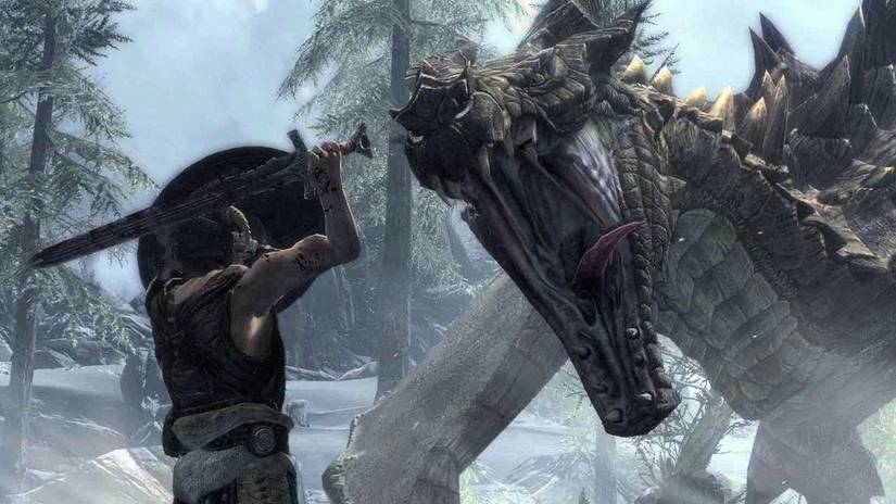 Skyrim: character battling a dragon