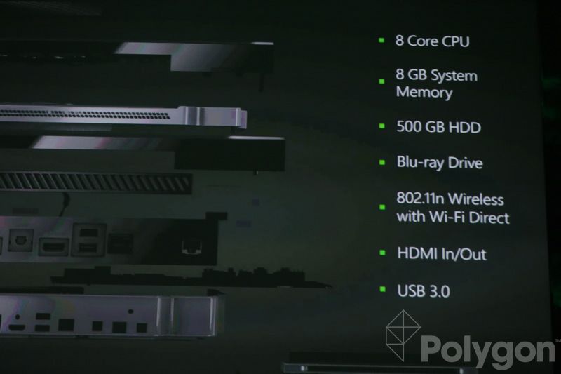 Xbox One specs include 8-core CPU, 8GB RAM, 500GB hard drive