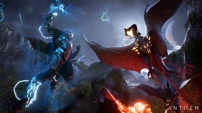 Anthem - a Freelancer battles a wyvern.